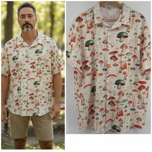 Men's Artsy Fun Mushroom Print Cream Button Down Short Sleeve Shirt Size XXL